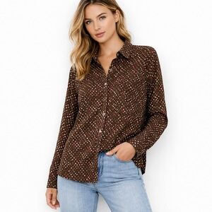 J. Jill Button-Up Shirt Brown Print‎ Size M Boho Art Teacher Earthy Everyday